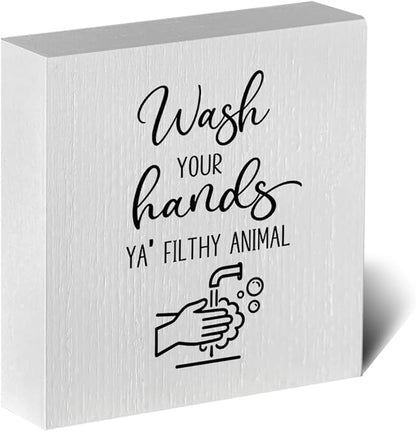 Funny Rustic Bathroom Decor Wooden Box Sign 5x5 Inch - "WASH YOUR HANDS YA' FILTHY ANIMAL" Humorous Restroom Shelf Table Decoration for Home