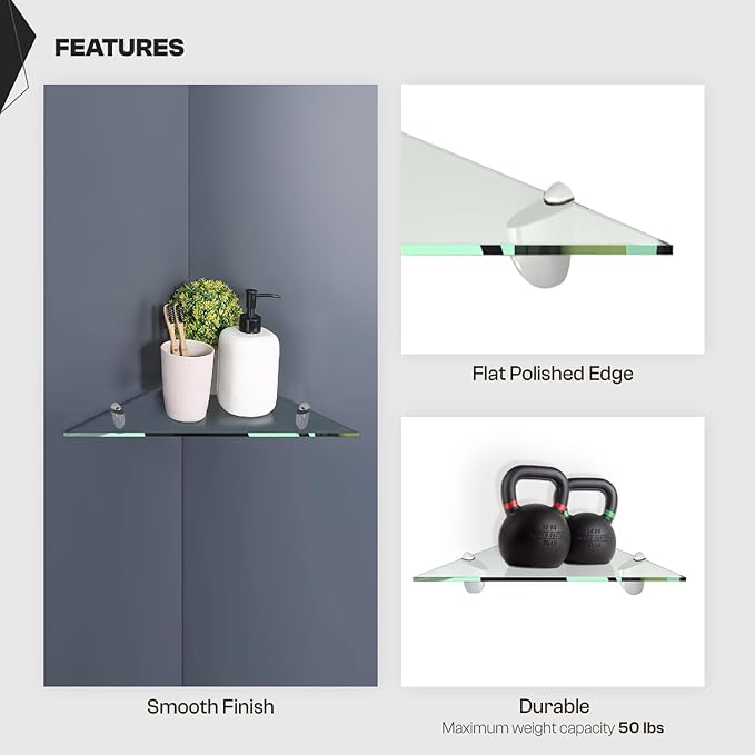 Fab Glass and Mirror Triangular Corner Glass Shelf, 6" X 6" Inches, Clear 3/8 Thick Tempered Glass with Flat Polished Edge-‎Easy Installation with Screws, and Peacock Chrome Finish Brackets