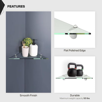 Fab Glass and Mirror Triangular Corner Glass Shelf, 6" X 6" Inches, Clear 3/8 Thick Tempered Glass with Flat Polished Edge-‎Easy Installation with Screws, and Peacock Chrome Finish Brackets