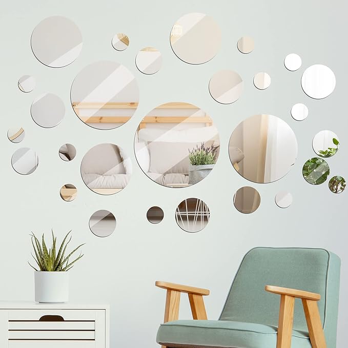 Jetec 28 Pcs Real Glass Round Mirror Tiles Frameless Wall Glass Tiles Round Wall-Mount Mirrors with Acrylic Double Sided Adhesive for Bedroom Bathroom Craft(2/3/4/6/8/10 Inch)