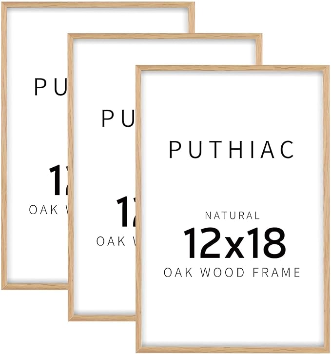 puthiac 12x18 Solid Oak Wood Picture Frame, Fits 8x12 with Mat or 12x18 Without Mat, Wall Display Only, Vertical or Horizontal, Plexi Front, 3 Pack, Natural Oak