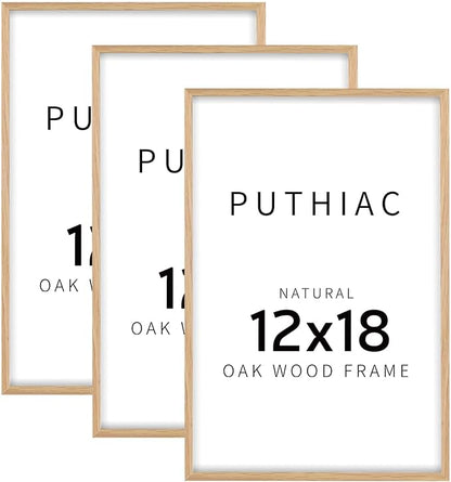 puthiac 12x18 Solid Oak Wood Picture Frame, Fits 8x12 with Mat or 12x18 Without Mat, Wall Display Only, Vertical or Horizontal, Plexi Front, 3 Pack, Natural Oak