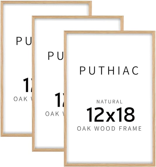 puthiac 12x18 Solid Oak Wood Picture Frame, Fits 8x12 with Mat or 12x18 Without Mat, Wall Display Only, Vertical or Horizontal, Plexi Front, 3 Pack, Natural Oak