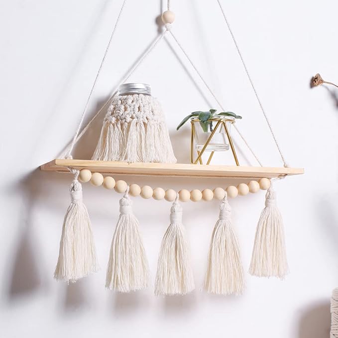 Artilady Macrame Wall Hanging Shelf - 2 Pack Wood Shelves Boho Wall Shelf Decor with Tassels & Wooden Beads, Rustic Floating Shleves Plant Aesthetic Room Decor for Teen Girls
