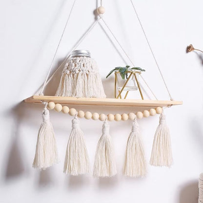 Artilady Macrame Wall Hanging Shelf - 2 Pack Wood Shelves Boho Wall Shelf Decor with Tassels & Wooden Beads, Rustic Floating Shleves Plant Aesthetic Room Decor for Teen Girls