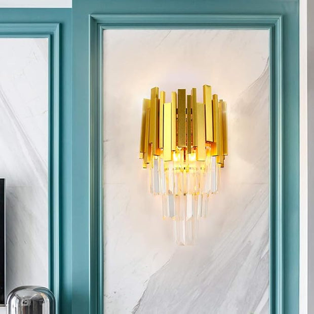 FRIXCHUR Gold Crystal Wall Light 3 Tiers Crystal Wall Sconce Lighting Led Wall Lamp Modern Wall Light Bedside Crystal Wall Lamp for Bedroom Bathroom Living Room Hallway Staircase 2X E12