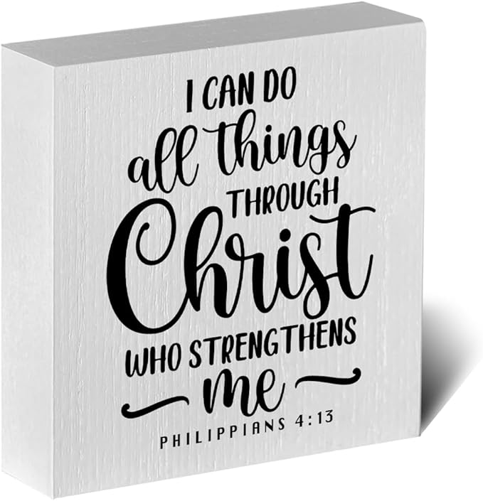 I Can Do All Things Through Bible Verse Artwork Wood Box Sign Rustic Farmhouse Style Philippians 4 : 13 Christian Wood Block Plaque 5 X 5 Inches Home Office Desk Sign Decor for Presents