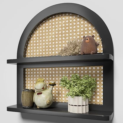 Wood Boho Rattan Wall Shelf - 2-Tier Arched Wicker Floating Shelf Black Wood New Boho Shelf, Rustic Farmhouse Nursery Decor Shelves Wall Mounted, Neutral Handcrafted (16''l Natural Rattan Shelf)