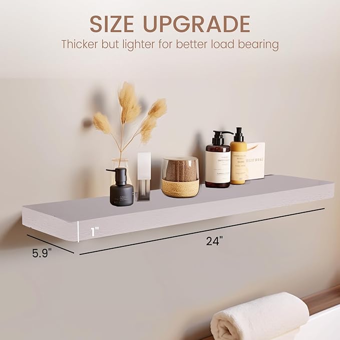 Floating Shelves 24 Inches Long, Set of 2 Solid Rustic Wood Wall Mounted Shelves, Wall Picture Ledge Shelf with Invisible Metal Brackets for Living Room, Bedroom, Bathroom, White