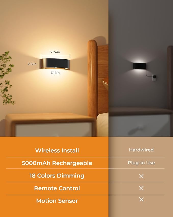 Motion Sensor Wall Light, 5000mAh Rechargeable Battery Operated Motion Sensor Light Indoor with Remote, 15 RGB and 3 Colors Dimmable, Wireless Wall Sconces for Hallway, Living Room, Stair, Bedroom