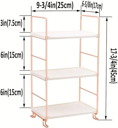 Plastic/Metal Freestanding Stackable Organizer Shelf,Bathroom Countertop Storage Shelf Cosmetic Organizer Holder Kitchen Spice Rack,3-Tier Standing Rack (Rose Gold)