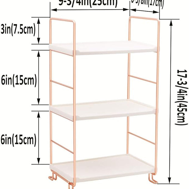 Plastic/Metal Freestanding Stackable Organizer Shelf,Bathroom Countertop Storage Shelf Cosmetic Organizer Holder Kitchen Spice Rack,3-Tier Standing Rack (Rose Gold)