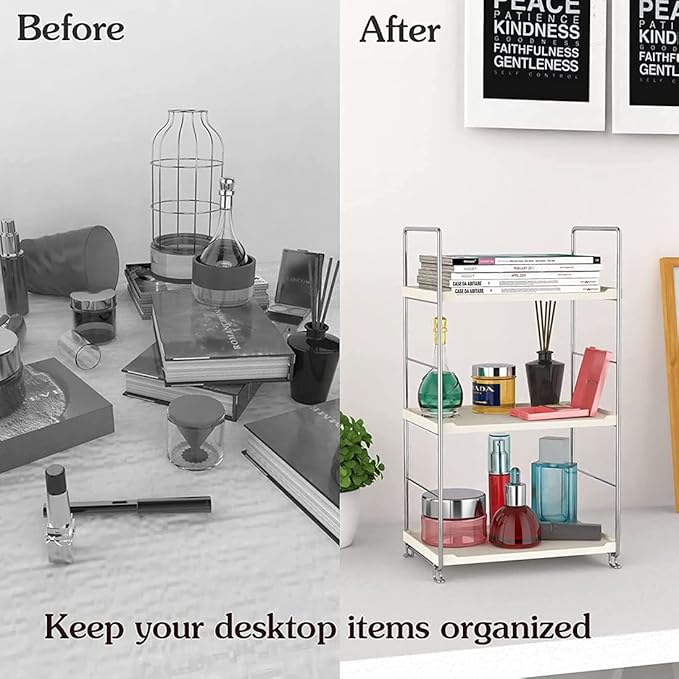 3-Tier Bathroom Countertop Organizer -Makeup Organizer -Corner Storage Shelf- Kitchen Spice Rack Standing Shelf-Great for Vanity, Bathroom, Bedroom, Kitchen (Silver & White)