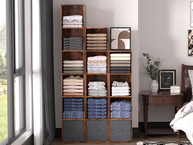 4 Cube Storage Organizer, 4 Tier Cube Low Bookcase Freestanding Storage Display Organizer, Four-Cubes Open Shelf Bookshelf for Home Office (Retro Brown, 4-Cube)
