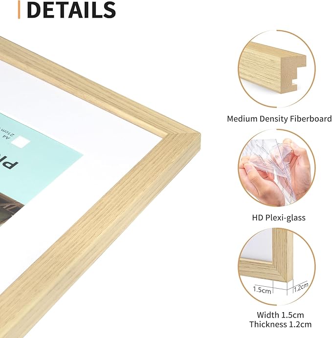 ATOBART 11x14 Picture Frame Set of 4, Displays 8x10 with Mat or 11x14 Without Mat, Photo Frames for Wall Hanging or Tabletop, Includes HD Plexiglass, Natural Wood Grain