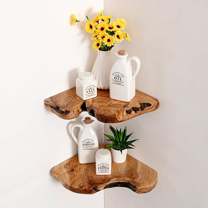 WELLAND Corner Floating Shelf Set of 2, Solid Cedar Wood 10.86 x 11.5 inches Floating Corner Shelves for Bedroom, Living Room, Bathroom, Kitchen