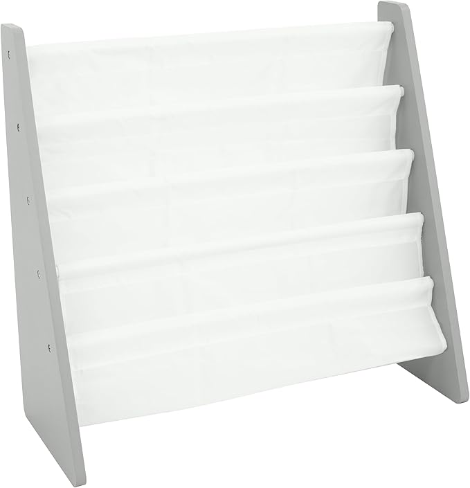 Humble Crew 4-Tier Kids Bookshelf, Grey Wood/White - Premium Book Shelf for Kids Rooms with Four Deep Pockets - Toddler Sling Book Rack with Deep Sleeves, Nursery Bookcase Organizer