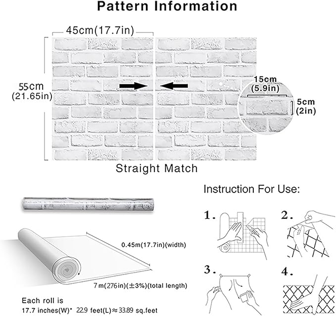 Cohoo Home Brick Wallpaper Peel and Stick Contact Paper 276inL 18inW Faux 3D Brick Contact Paper for Wall White Gray Self Adhesive Removable Wallpaper Backsplash Bedroom Wall Sticky Waterproof Thick