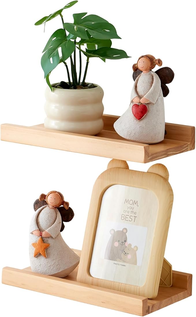Wood Floating Shelves Set of 2 Pine Wood Wall Shelf 12 inches, Floating Shelf for Wall Mounted - Upgrade Width 5.85", Floating Display Shelves for Living Room Bedroom Kitchen Bathroom, Natural