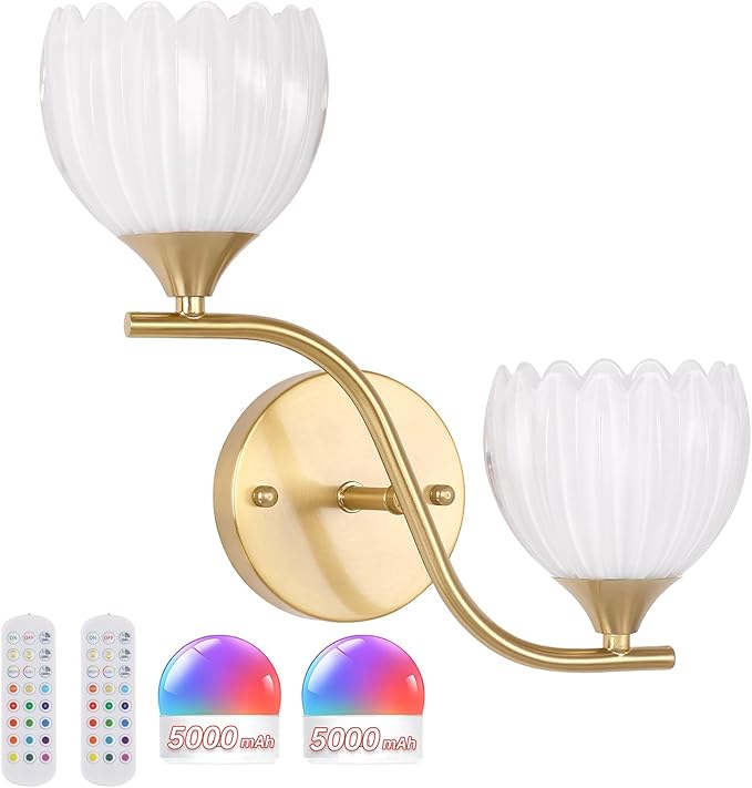 Battery Operated Wall Sconce, 2-Lights Vinatge Brass Wall Lighting with White Tluip Shade Rechargeable Bulb with Remote for Living Room, Bedroom