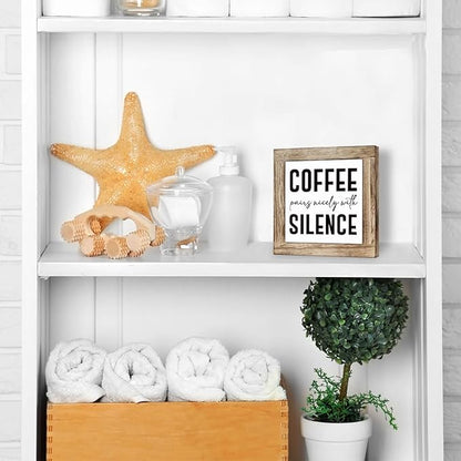 Coffee Bar Decor, Coffee Pairs Nicely With Silence, Rustic Wooden Tabletop Decor, Rustic Wood Signs for Kitchen Cafe Bar, for Living Room Kitchen Shelf 5.9×5.9 inch
