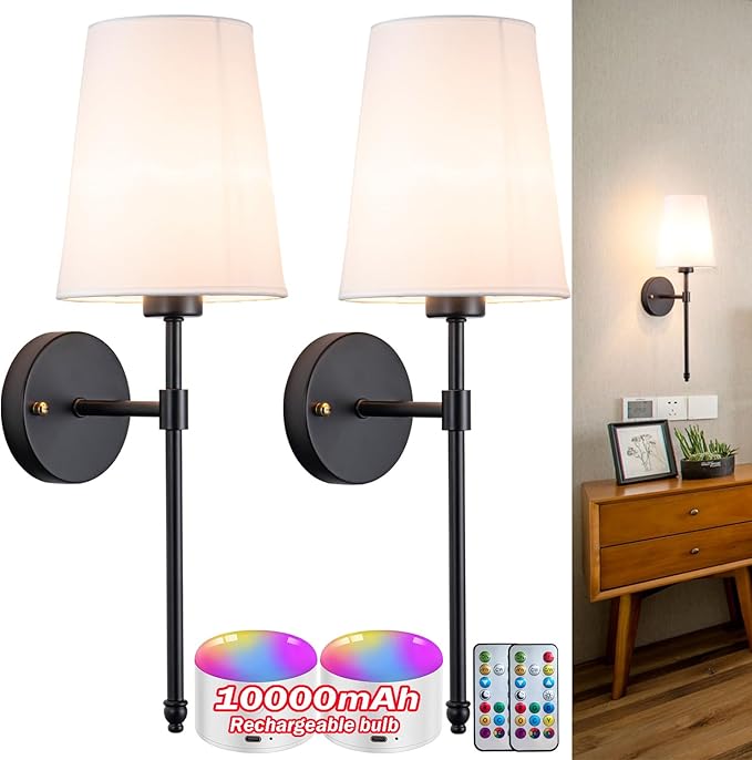 Battery Operated Wall Sconce, Wireless sconces Wall Decor Set of 2 for Bedroom Living Room(Black-White lampshade-20 inch)