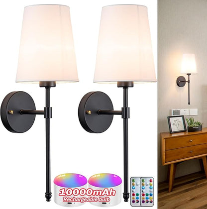 Battery Operated Wall Sconce, Wireless sconces Wall Decor Set of 2 for Bedroom Living Room(Black-White lampshade-20 inch)