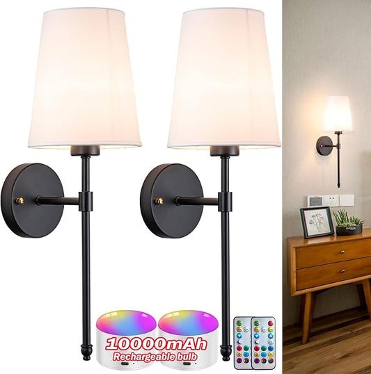 Battery Operated Wall Sconce, Wireless sconces Wall Decor Set of 2 for Bedroom Living Room(Black-White lampshade-20 inch)