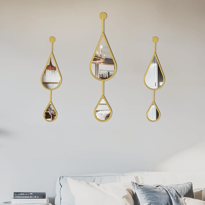 Gold Mirror Wall Decor Modern Tear Drop Shape Decorative Mirror for Bedroom Living Room entryway Hall Fireplace Boho Wall Mirror 3-Pack Mirrors Set