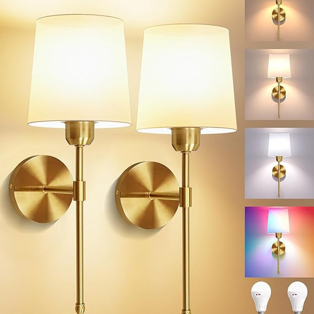 Ouyulong Battery Operated Wall Sconces Set of 2, Wireless Rechargeable Dimmable Wall Light with 5600mAh RGB Bulb and Remote for Bedroom, Living Room, Hallway 19in Gold