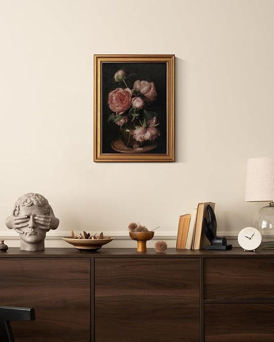 HUARCEY Framed Canvas Wall Art Prints, Bathroom Shelf Vintage Decor Aesthetic, Peony Floral Paintings Farmhouse Wall Decor, Retro Table Desk Decoration for Bedroom Living Room, 12x16Inch