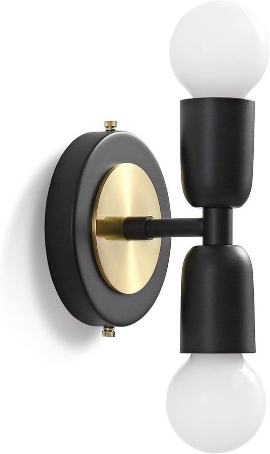 BRIGHTTIA Luna Duo 2 Light Wall Sconce - Mid Century Modern Fixture for Wall & Ceiling - Minimalist Edison Lamp for Hallway and Bathroom Vanity - Black & Gold (BW0026-2BG)