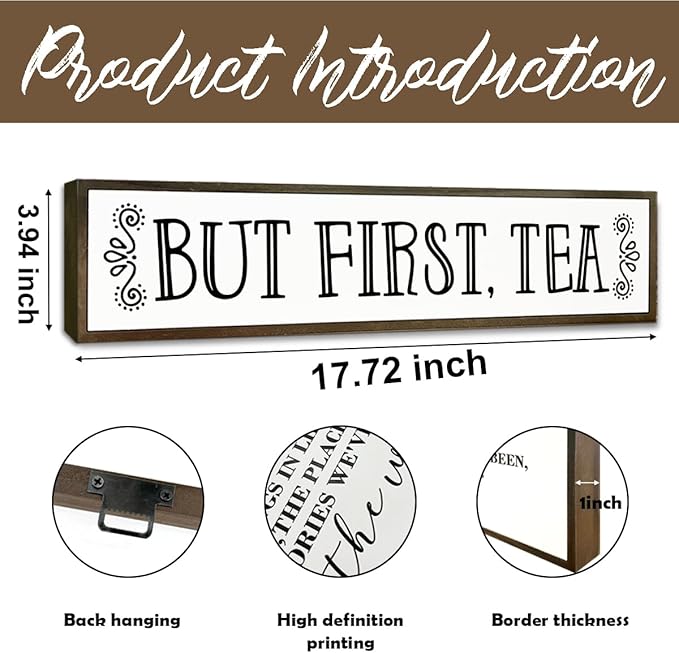 Tea Wood Sign Decor, Country Farmhouse Decoration for Home Kitchen Office, Rustic Teas Bar Decor, Wall Decors Art, Teas Lover Gift, But First Tea Sign, 17.8x4x1.2 inches
