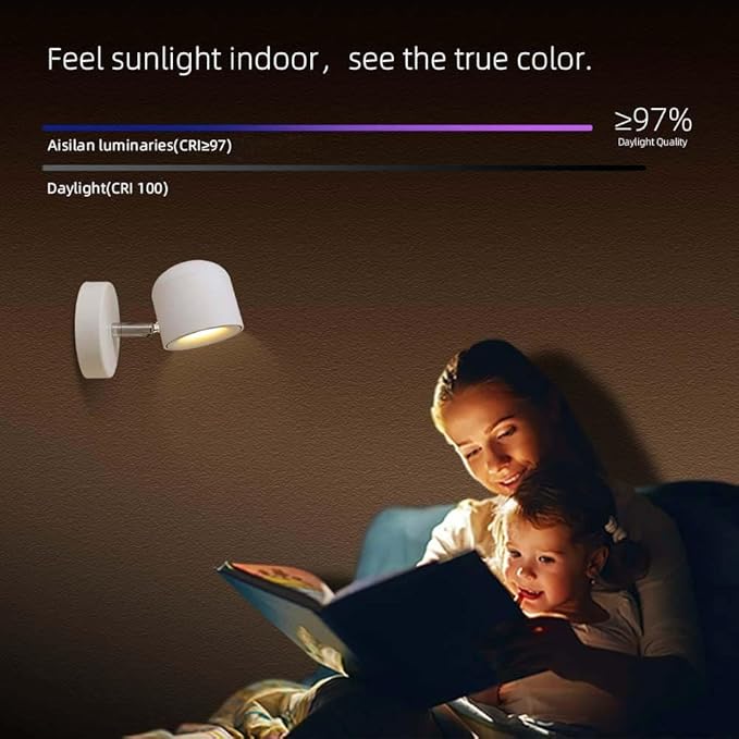 Aisilan White 7W Modern Dimmable Adjustable Wall Sconce Fixture LED COB Wall Spot Lighting Aluminum Bedside Reading Wall Light Warm White 3000K CRI 97