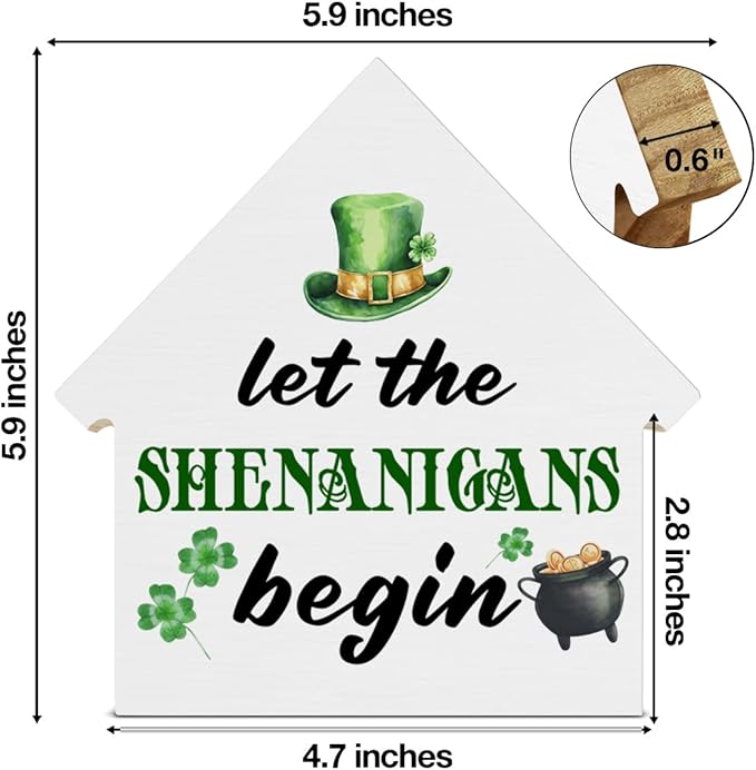 Funny St. Patrick's Day Irish Decor, Let the Shenanigans Begin House Shaped Wood Block Sign, Home Decor for Desk Table Shelf, St Patricks Day Decorations