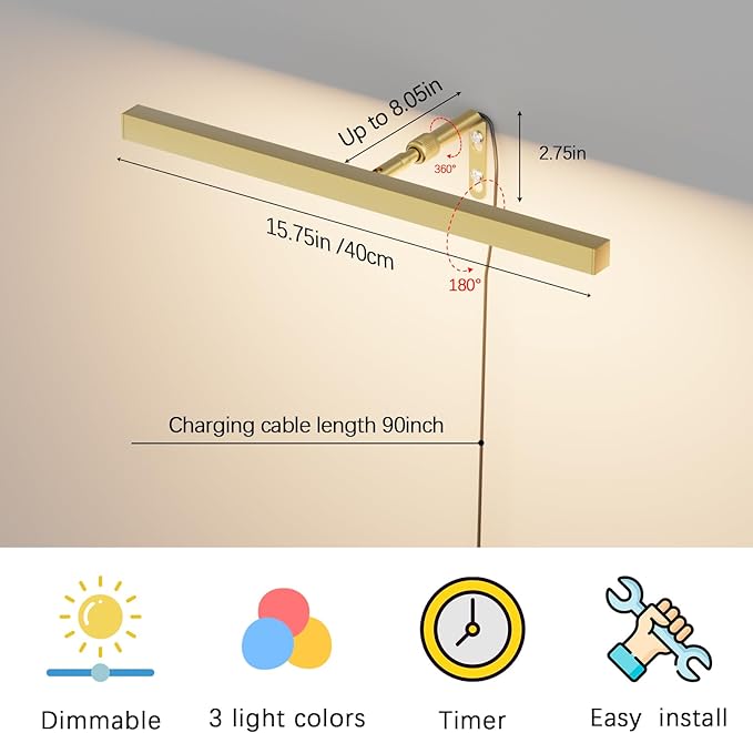 Plug in Picture Lights for Wall, 16 inch Dimmable LED Art Light with Remote, 3 Colour Temperature Gallery Painting Wall Light for Picture Display Dartboard Art Work (Gold)