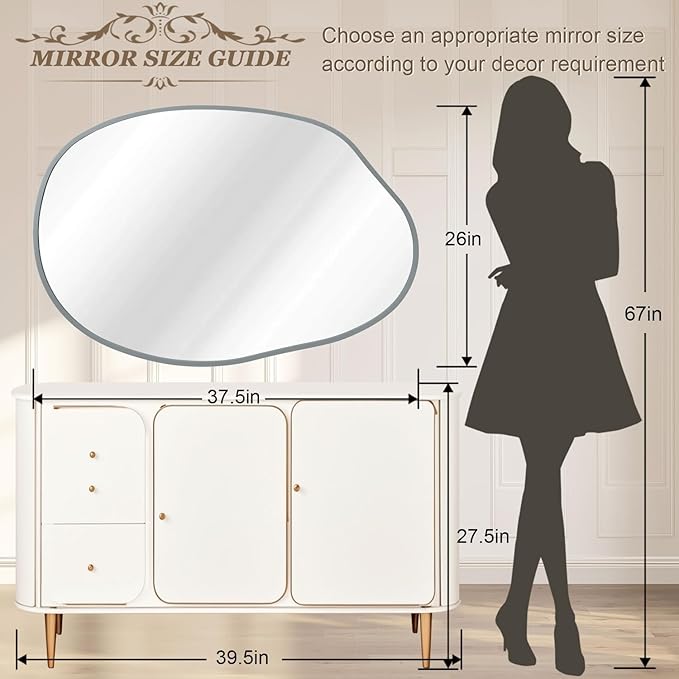 Large Irregular Wall Mirror Asymmetrical Mirror, 26"x37.5" Metal Framed Mirrors for Bathroom, Decorative Modern Wall Decor, Living Room, Entryway, Bedroom Gray