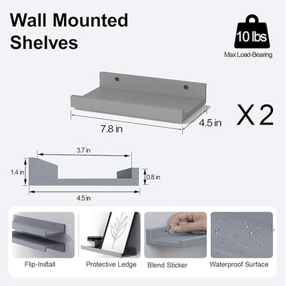 Small Floating Shelves for Wall Decor, Wall Mounted Wood Shelf for Bedroom, Living Room, Bathroom, Kitchen, Nursery, Display Picture Ledge Shelf with Lip Set of 2-8 Inches, Grey
