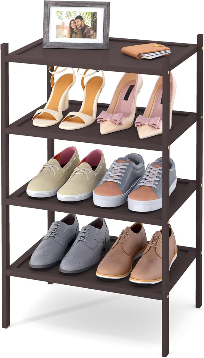 Smiry Bamboo Small Shoe Rack, 4 Tier Shoe Organizer for Entryway & Closet, Stackable Free Standing Storage Shelf for Shoes, Bags & Plants, Brown