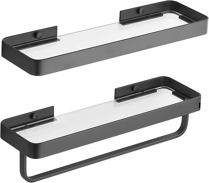 2PCS 15.7 Inch Floating Bathroom Shelves with Towel Bar, Clear Tempered Glass Wall Shelf with Hand Towel Holder for Bathroom Storage Organizer, Matte Black