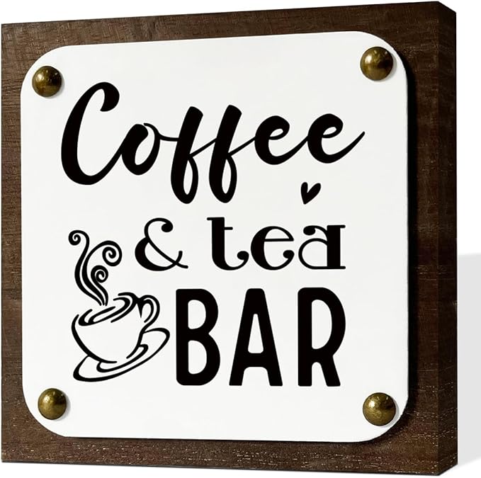 Coffee & Tea Bar Sign, Coffee Bar Decor, Wooden Box Signs Decors Art, Farmhouse Desk Sign, Kitchen Decor, Shelf Table Decoration, Stylish Decoration for Home Cafe Coffees Bar