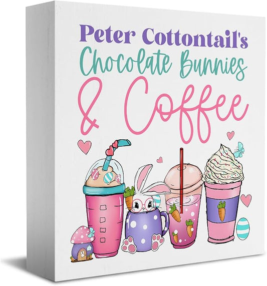 Easter Coffee Bar Decor Easter Table Decor Bunny Coffee Bar Wooden Box Sign for Home Office Bedroom Living Room Desk Shelves
