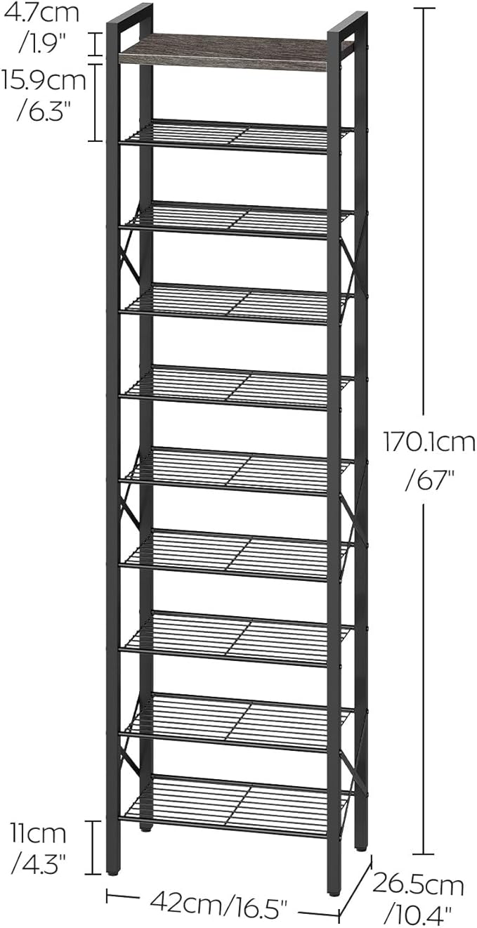 10-Tier Narrow Shoe Rack, Tall Shoe Rack for 10-20 Pairs, Slim Shoe Storage Organizer with Wooden Top, Space Saving, Metal Frame, for Entryway, Charcoal and Black SS68BC