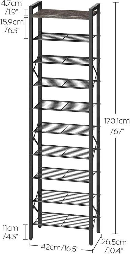 10-Tier Narrow Shoe Rack, Tall Shoe Rack for 10-20 Pairs, Slim Shoe Storage Organizer with Wooden Top, Space Saving, Metal Frame, for Entryway, Charcoal and Black SS68BC