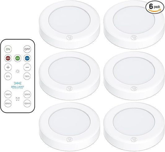 Brilliant Evolution LED Tap Light Push Lights with Remote - 6-Pack Battery Operated Under Cabinet Lights - Stick On Puck Lights for Kitchen, Closet, and Night Lighting - Wireless Warm White, 55 Lumens