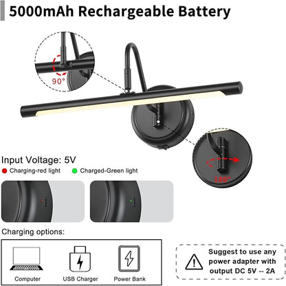 JOOSENLUX Modern Wall Lights Battery Operated Black Wireless Picture Lights for Wall 16.5" Inch Dimmable Under Counter Lights for Kitchen with Swing Arm as Canvas Wall Sconce Light 3000K CRI95+