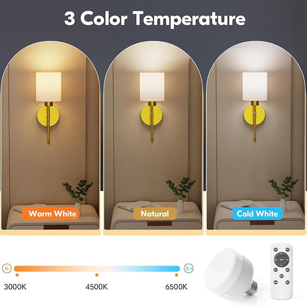 NIORSUN 15 inch Battery Operated Wall Sconce Set of 2, Gold Wireless Rechargeable Wall Lights with 5200mAh Dimmable Detachable Bulbs and Remote, 9 Colors Sconces Wall Decor for Bedroom Living Room