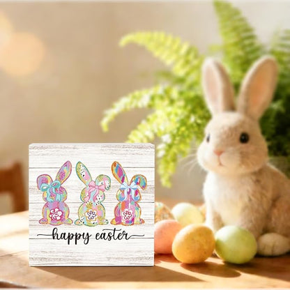 Happy Easter Sign Bunny Decor Bunny Table Decorations Spring Flower Decor Indoor for Office Desk Table Shelf Tiered Tray Happy Easter Wooden Sign 5 X 5 Inch