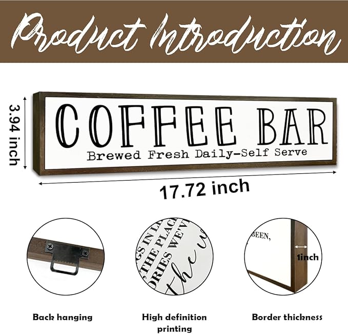 Coffee Bar Signs Decor, Rustic Coffee Station Decors, Coffees Home Decoration for Kitchen Bar, Wall Decors Art, Anniversary Decor, Brewed Fresh Daily Self Serve Sign, 17.8x4x1.2 inches