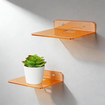 Small Floating Shelves Acrylic Wall Shelf 2 Pack Hanging Shelves for Bedroom, Gaming Room, Living Room, Bathroom, Office with Cable Clips (Orange)